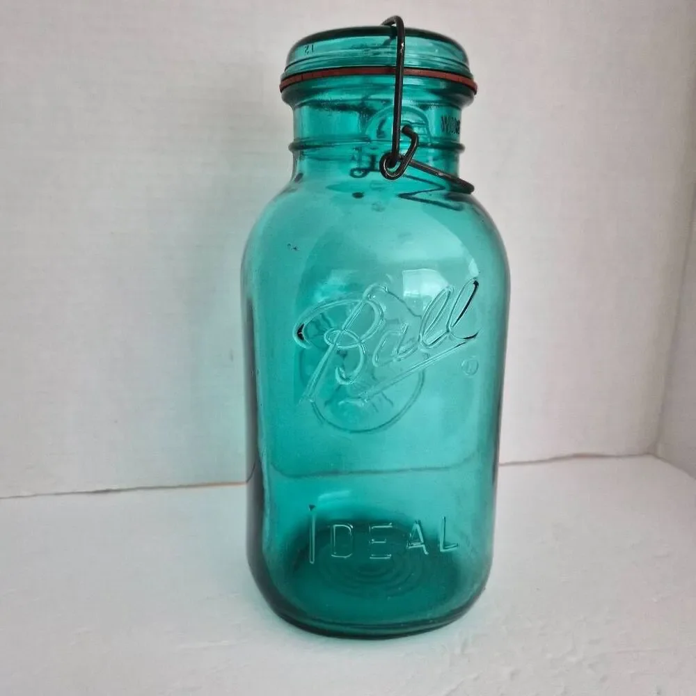 Vintage Ball Ideal Aqua Blue Mason Jar w/ Bicentennial Eagle & Wire Side Closure